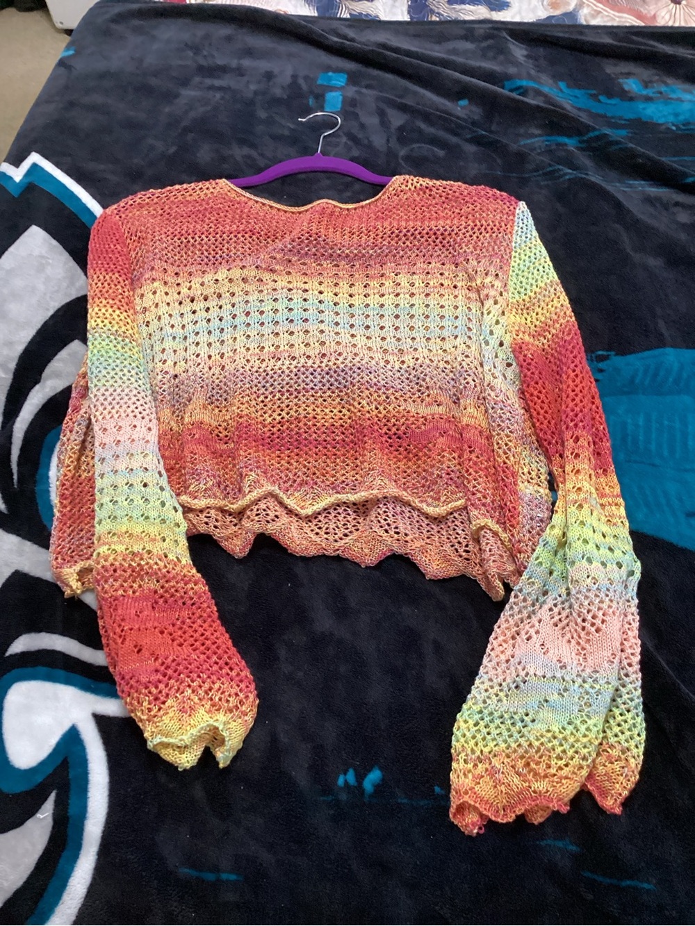 SHEIN Multicolor Crochet Scallop-Hem Open Knit Crop Sweater